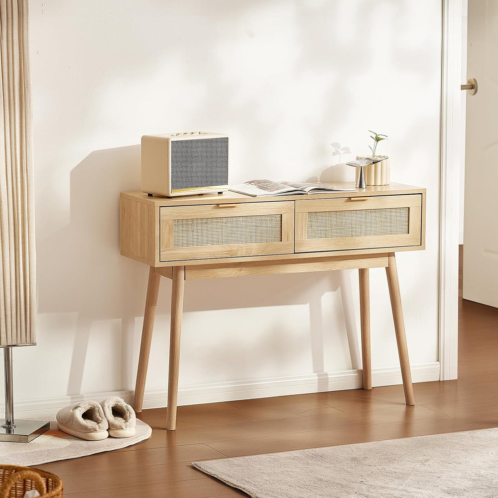 VEVOR Rattan Console Table with 2 Storage Drawers, Rattan Entryway Table with...