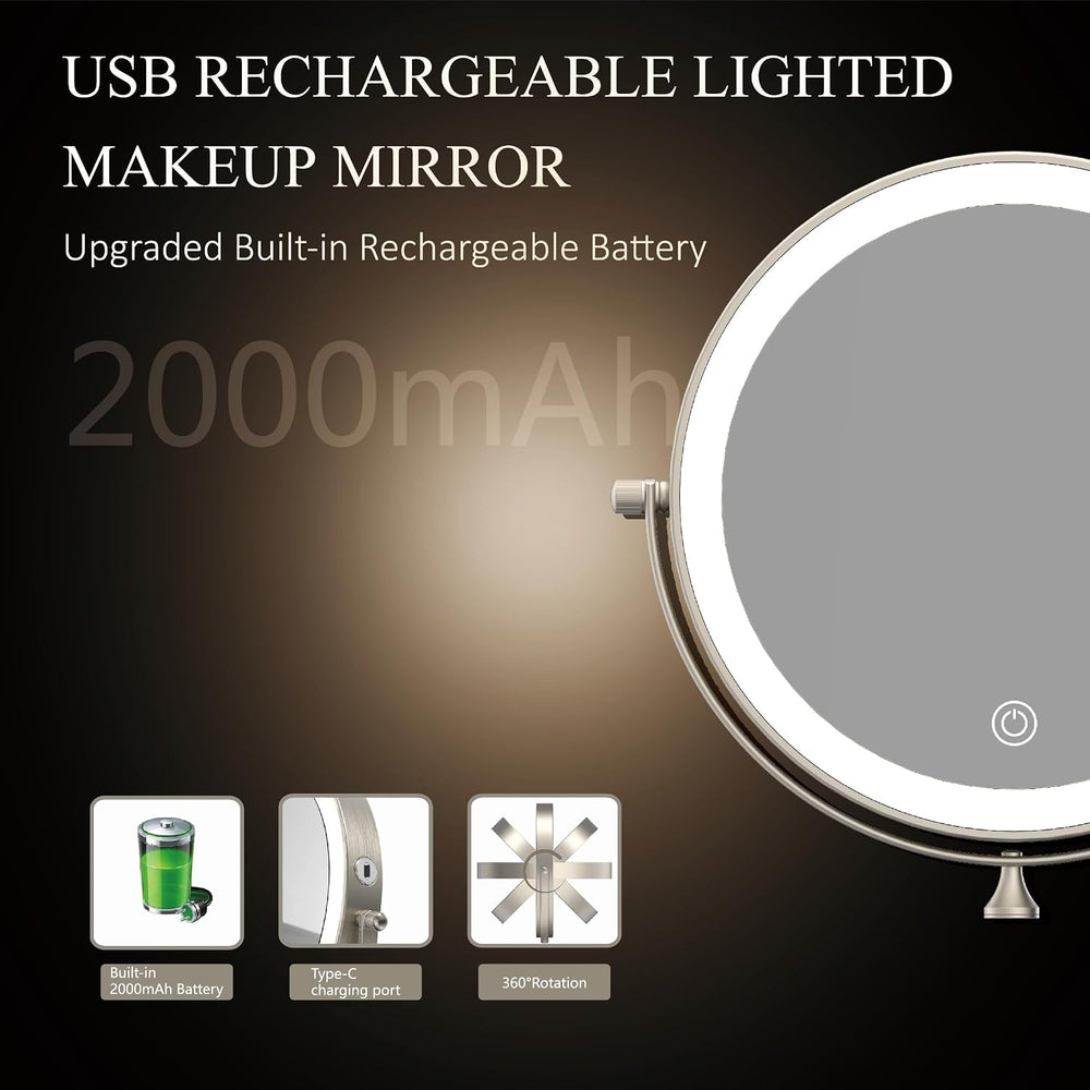 8" Wall Mounted Makeup Mirror,Oval Base, 10X, Brushed Nickel