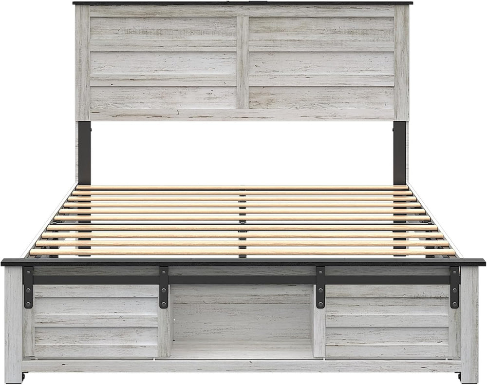 Full Size Wooden Bed Frame with Headboard and Storage Footboard
