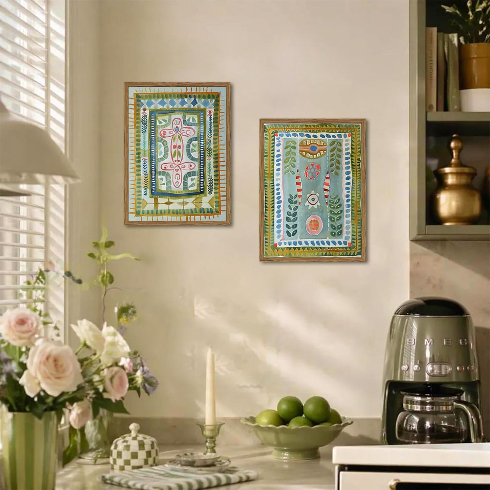 Framed Boho Wall Art Set of 2, Sage Green Botanical Pictures Wall Decor, Abst...