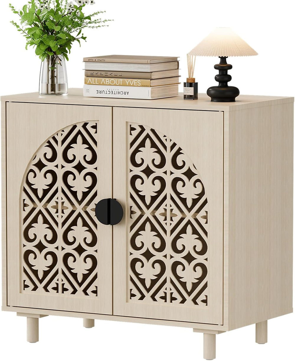 Boho Sideboard Buffet Cabinet with Adjustable Shelves, (Beige)