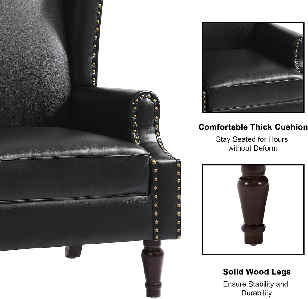 Faux Leather Wingback Accent Chair with Wood Legs, Black, Set of 1