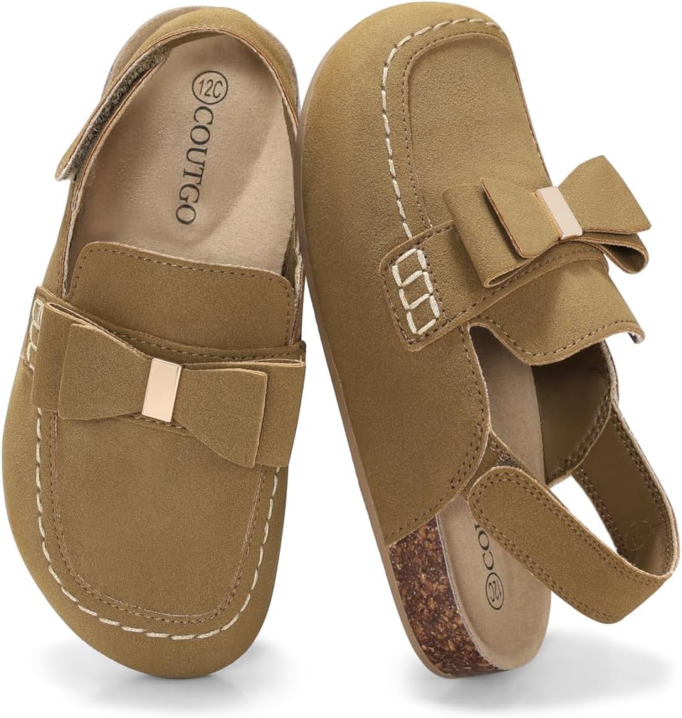 Coutgo Suede Clogs for Girls Bow Cork Footbed Comfortable Slip On Mules