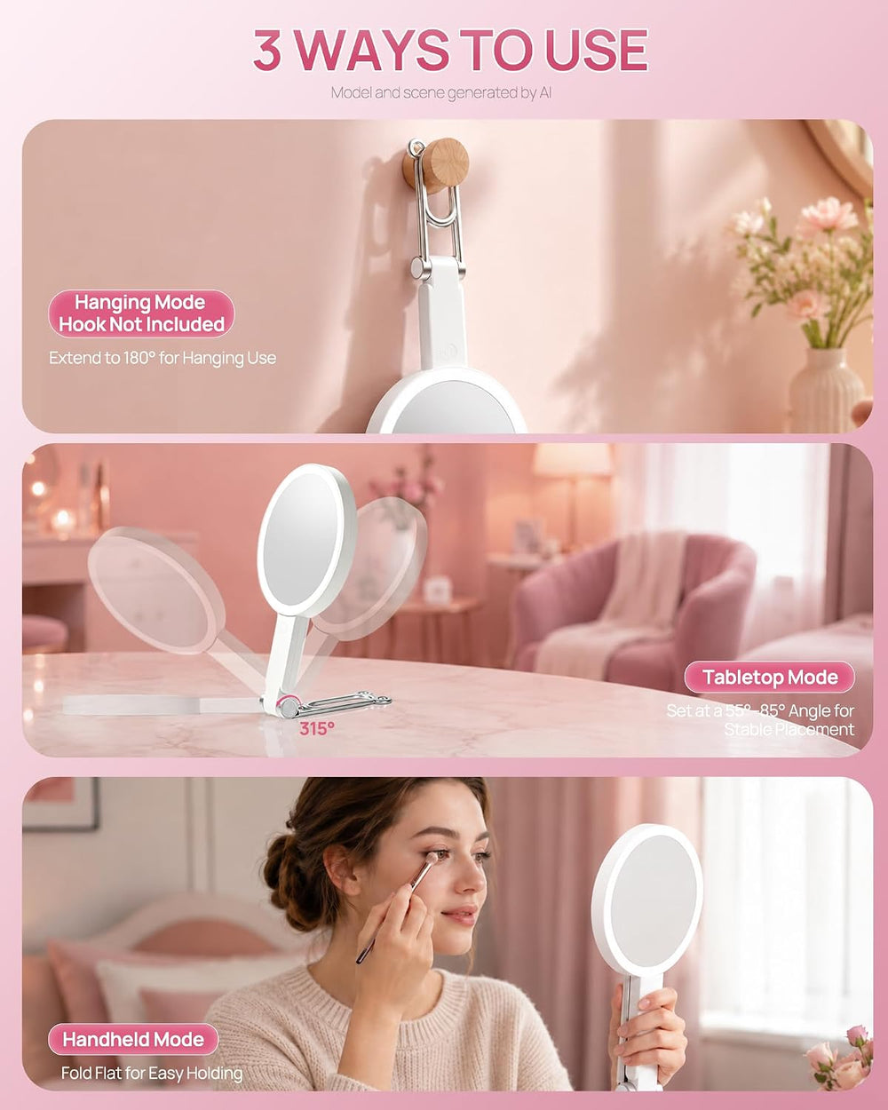 Buqikma Travel Lighted Makeup Mirror 1X/10X Magnifying Mirror with Lights