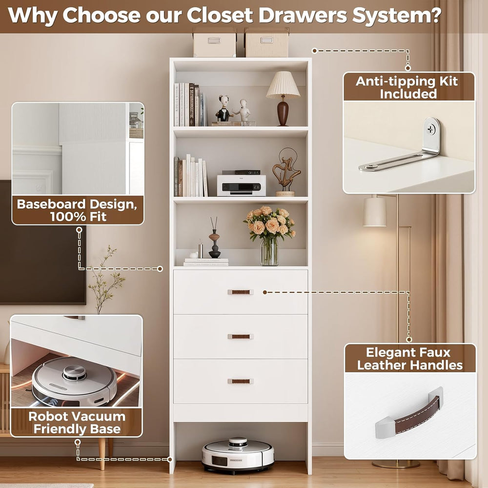 Freestanding 3.5FT Closet System with Leather Handles for Small Space White