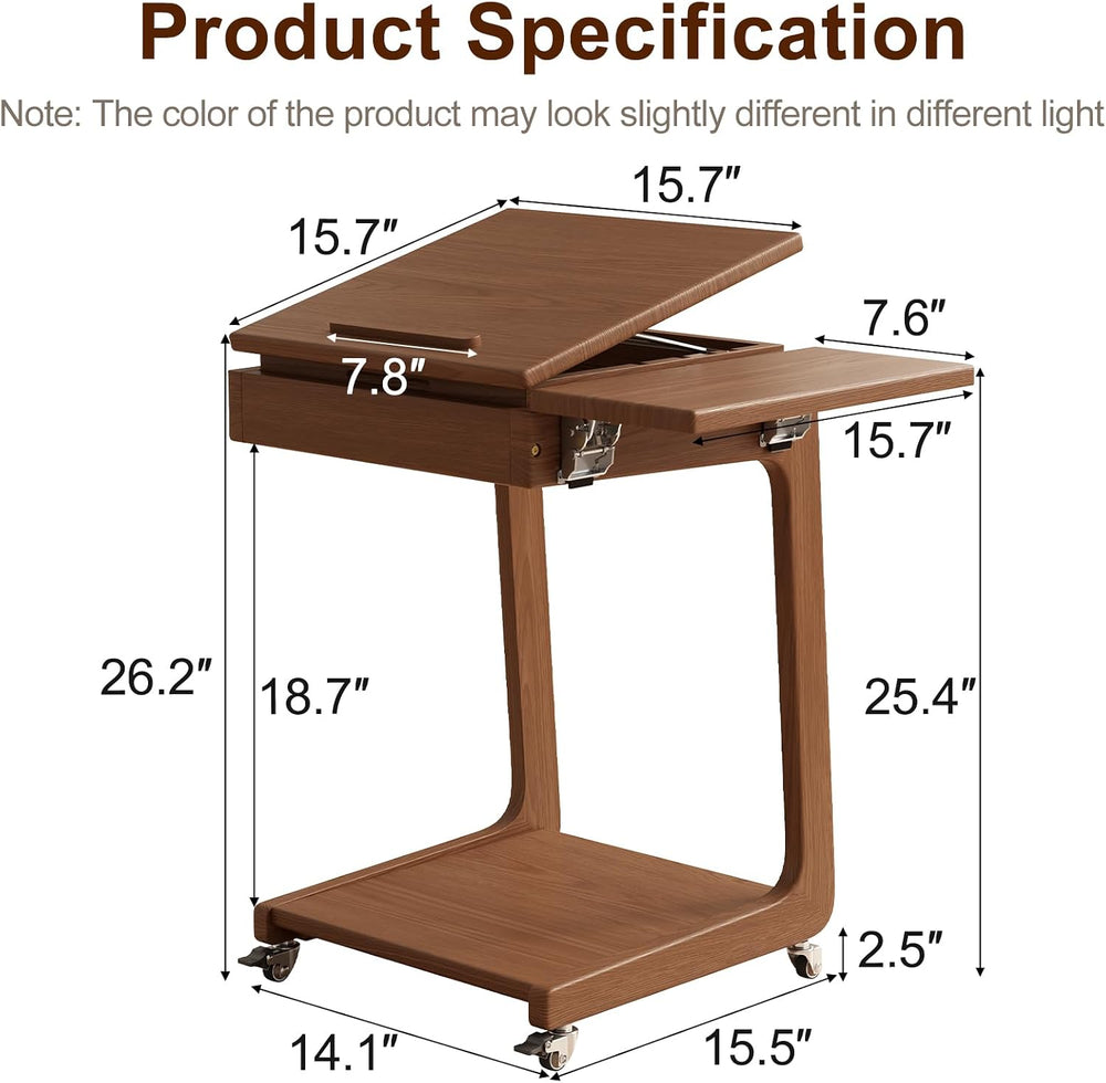 Solid Wood C Shaped End Table for Couch, Walnut Couch Desk