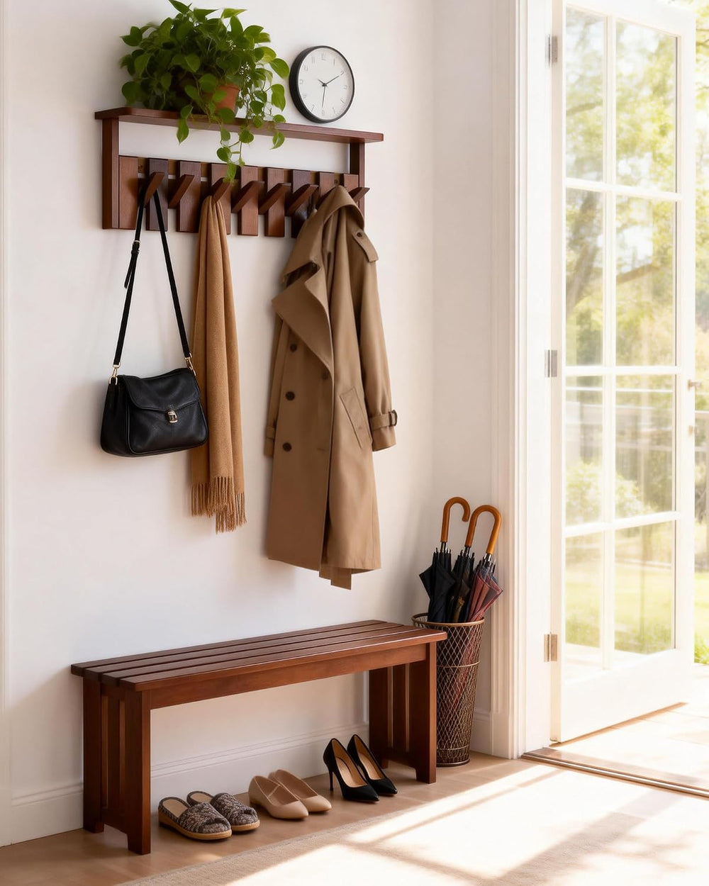 Wooden Coat Rack Wall Mount with Shelf, Heavy Duty Entryway Organizer with 8 ...