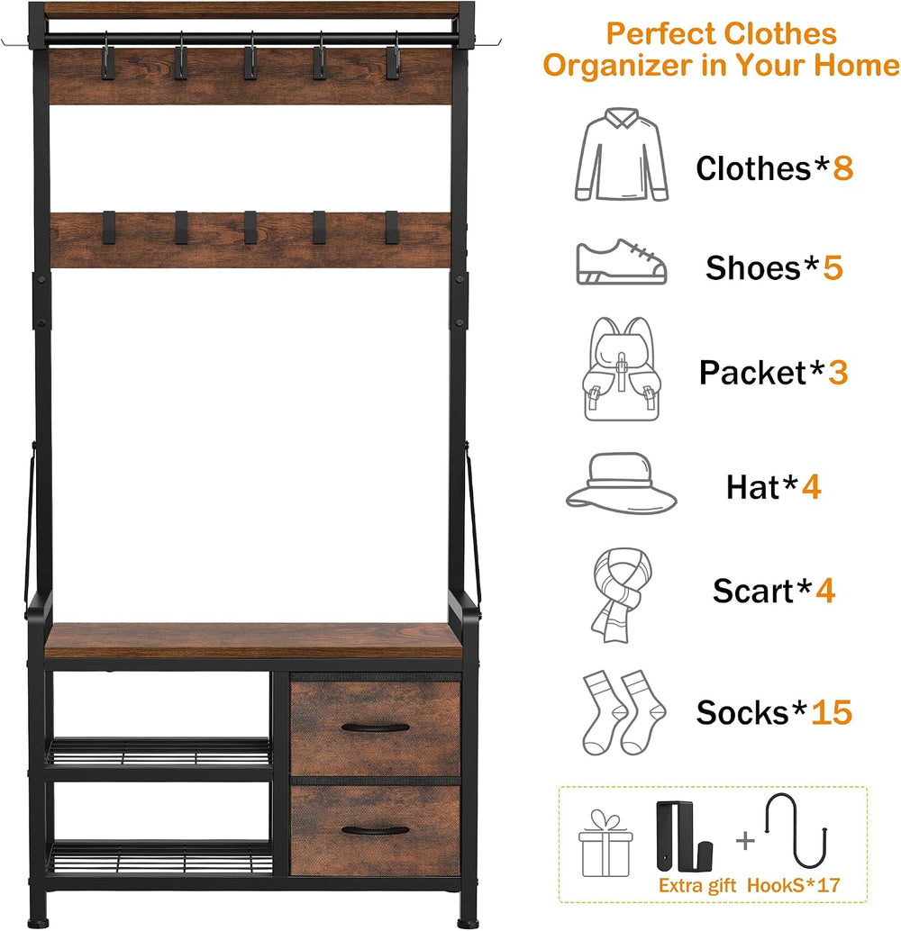Lulive Hall Tree with Bench and Shoe Storage, 31.5” Coat Rack Freestanding
