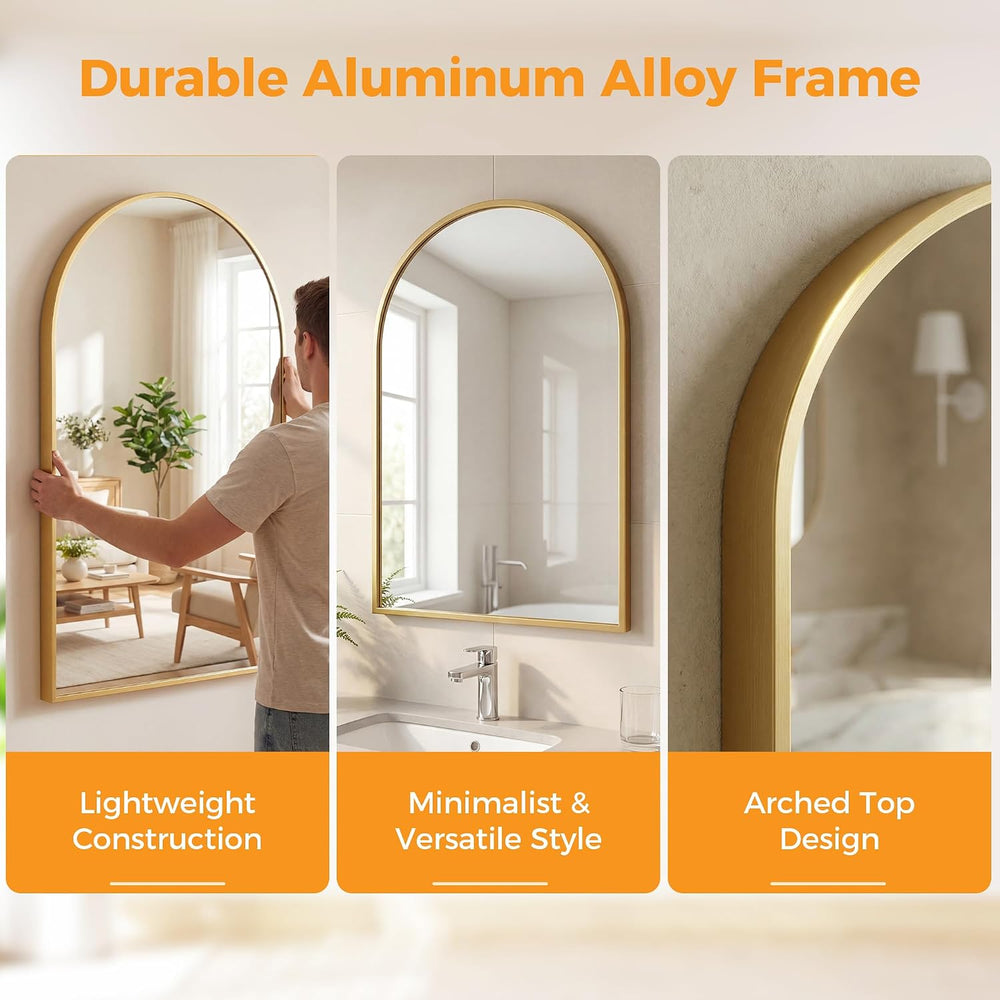 DUMOS 26"x38" Arched Wall Mirror, Bathroom Mirrors for Over Sink, Gold