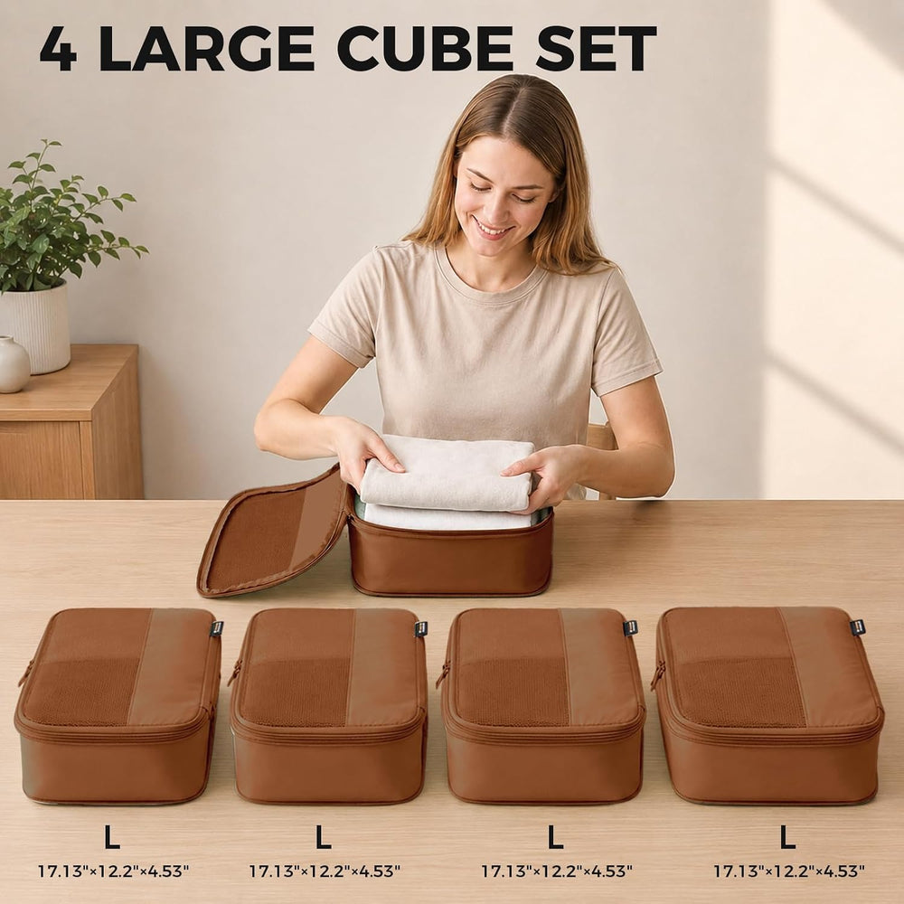 4 Large Compression Packing Cubes for 7–14 Day Travel, Light Brown