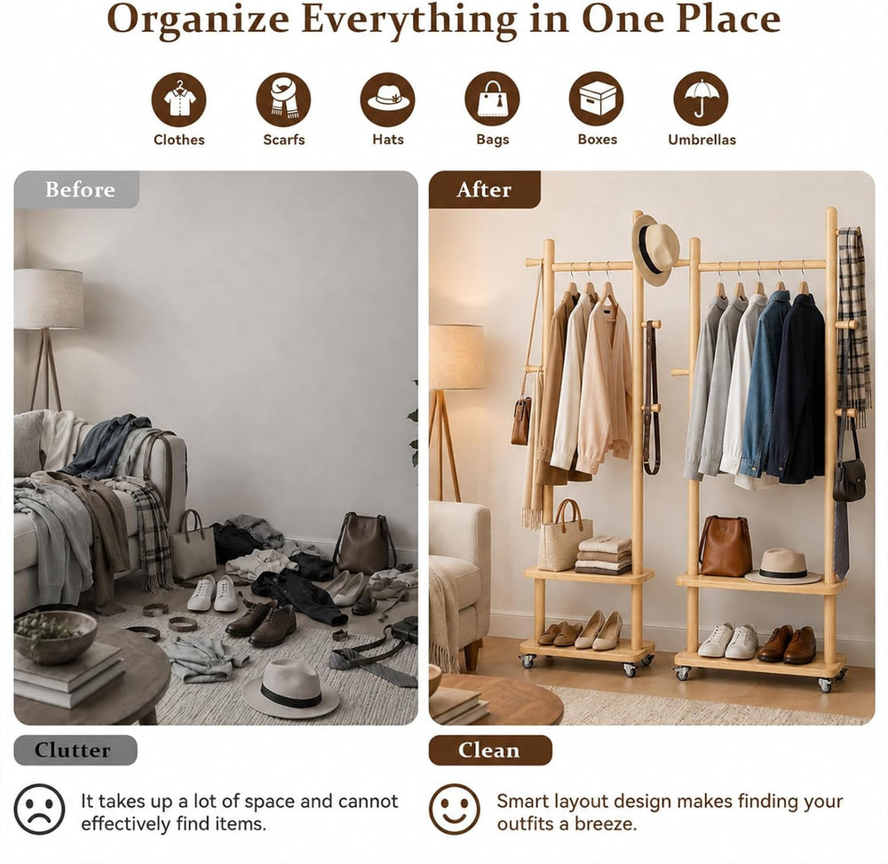 Taitiy Coat Rack Freestanding Solid Wood Clothes Rack with Wheels