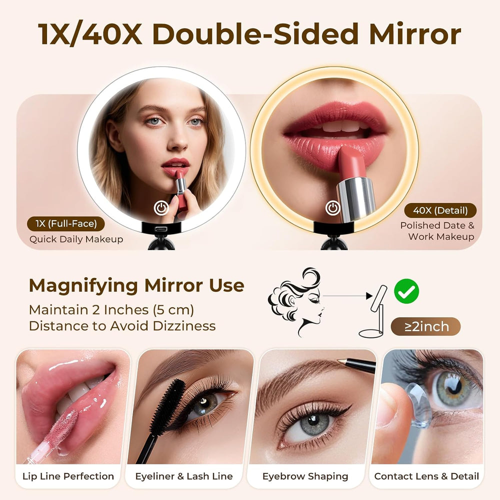 40X/1X Magnifying Mirror with Lights, Double Sided Travel Makeup Mirror