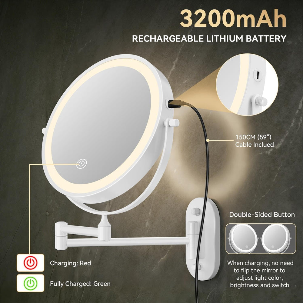 Auxmir 1X/20X Wall Mounted Makeup Mirror, 8" Rechargeable Magnifying Mirror