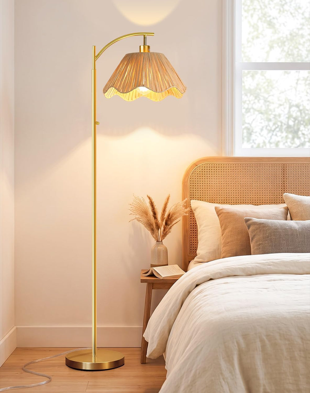 Arc Floor Lamp for Living Room, Rattan Boho Floor Lamp with Hand-Woven Raffia...