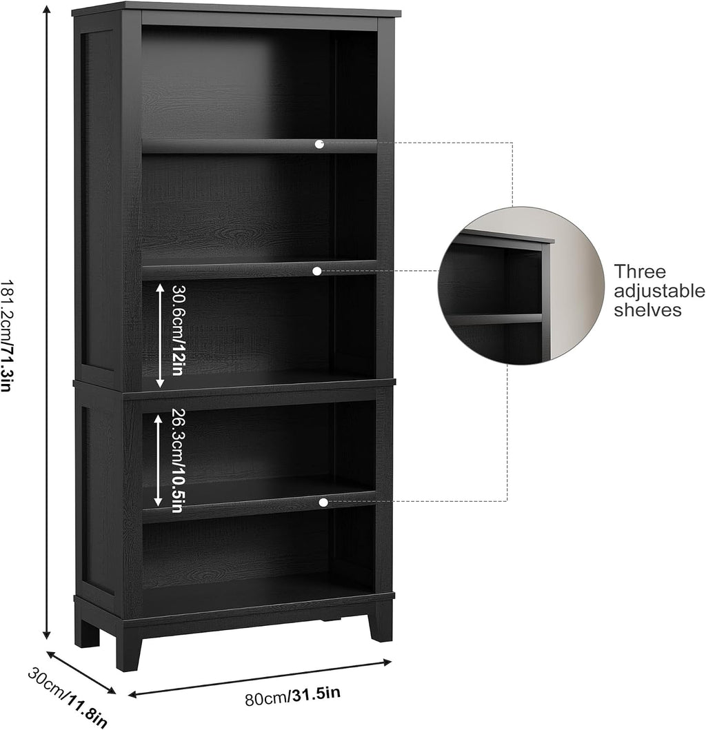 IDEALHOUSE 71" Tall Farmhouse Bookshelf with Adjustable Shelves(Black)