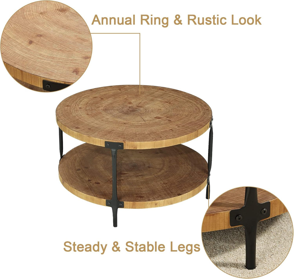 Awescuti Round Boho Wood Coffee Table - 29.1" Farmhouse Natural Circle W...