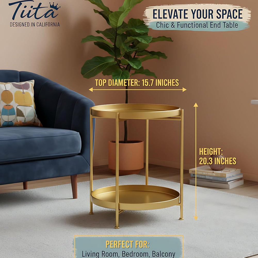 Tiita Gold Round End Tables, 2 Pack, 2-Tier Metal Side Tables, Nightstands