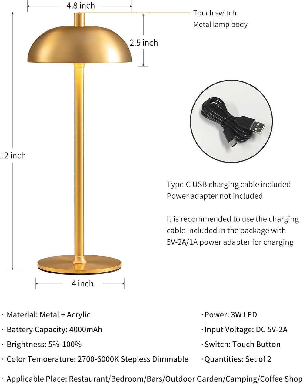 12" Cordless Table Lamps Set of 2, Gold Modern Portable Desk Lamp