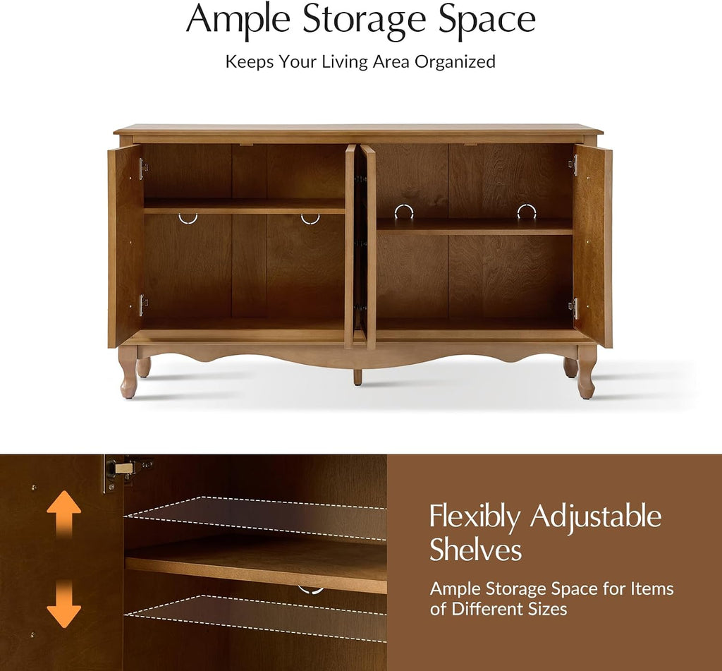 HULALA HOME Transitional Solid Wood Sideboard with Adjustable Shelves, 58" Spacious Storage Sideboard, Versatile Kitchen Buffet Cabinet with Solid Wood Legs, Acorn