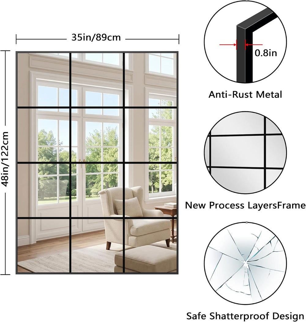 YIROMAN Window Pane Mirror, 48x35 Inch Black Rectangular Wall Mirror