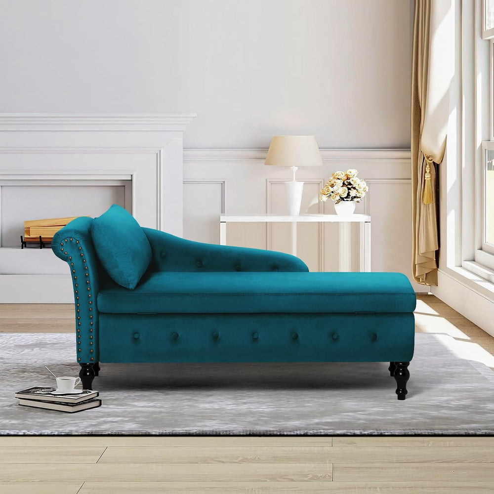 Velvet Chaise Lounge w/Left Armrest & Storage Space, Teal