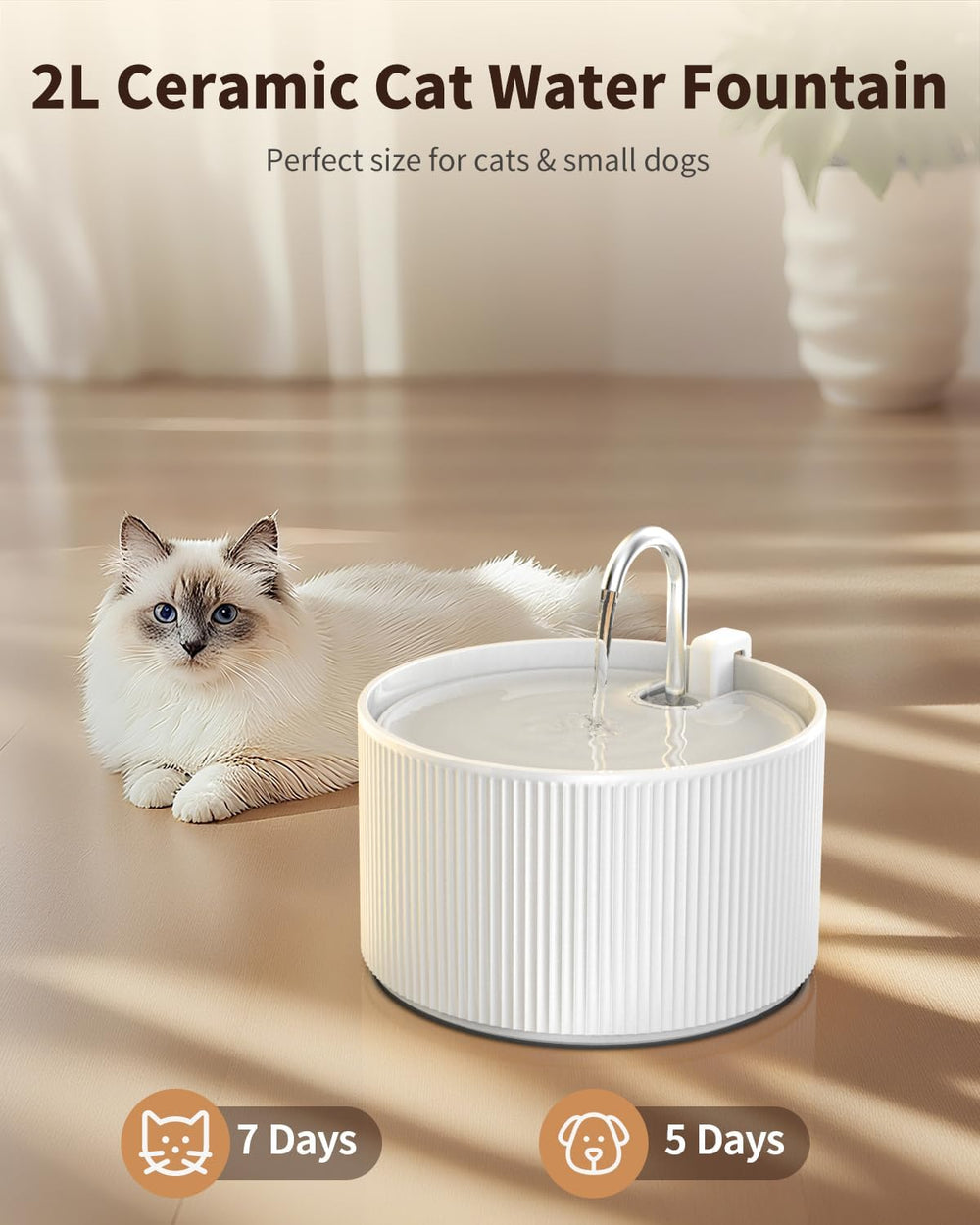 Wonder Creature Ceramic Cat Water Fountain 2.2L/74oz (White)