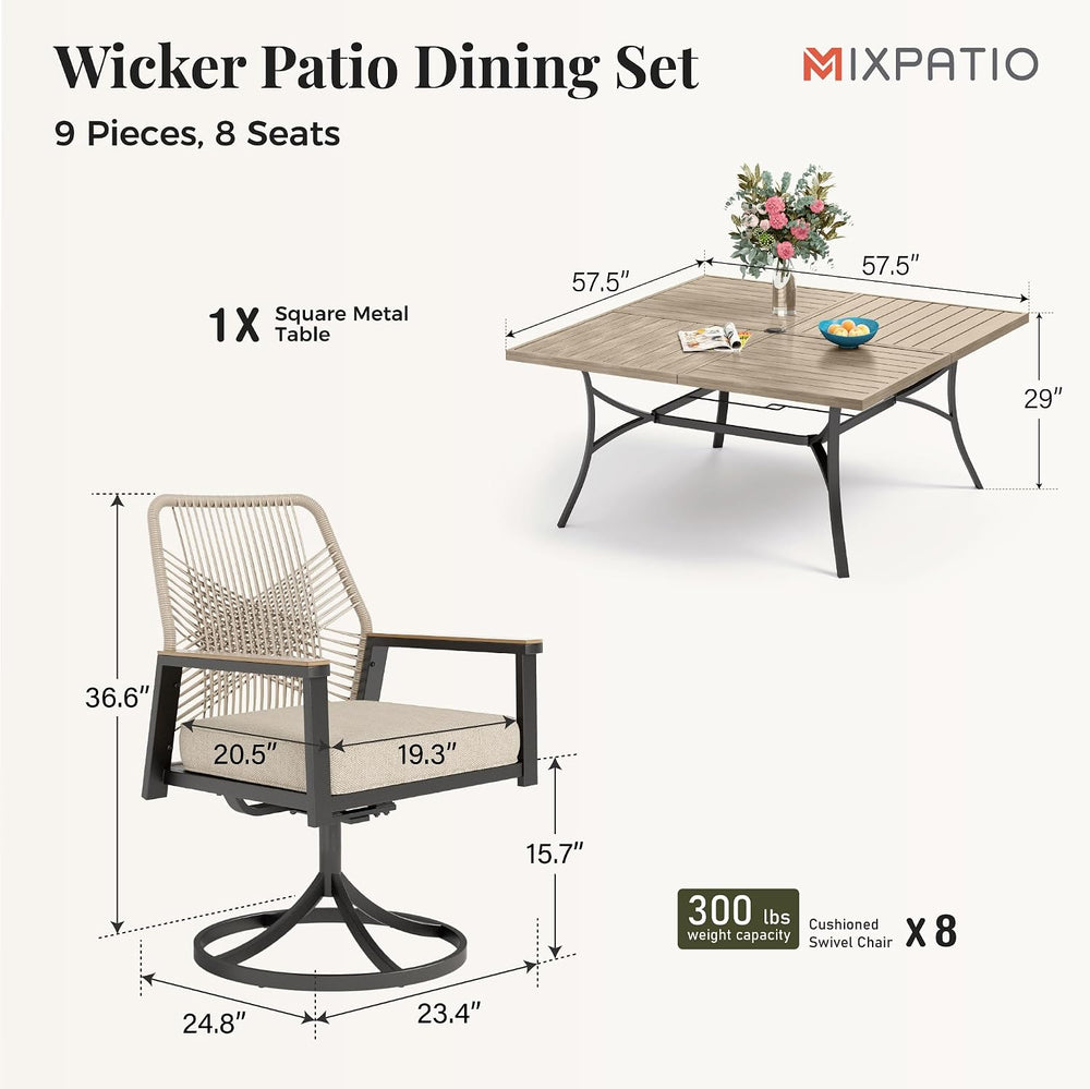 MIXPATIO 9pc Patio Dining Set, 57.5" Square Metal Table, 8 Swivel Chairs