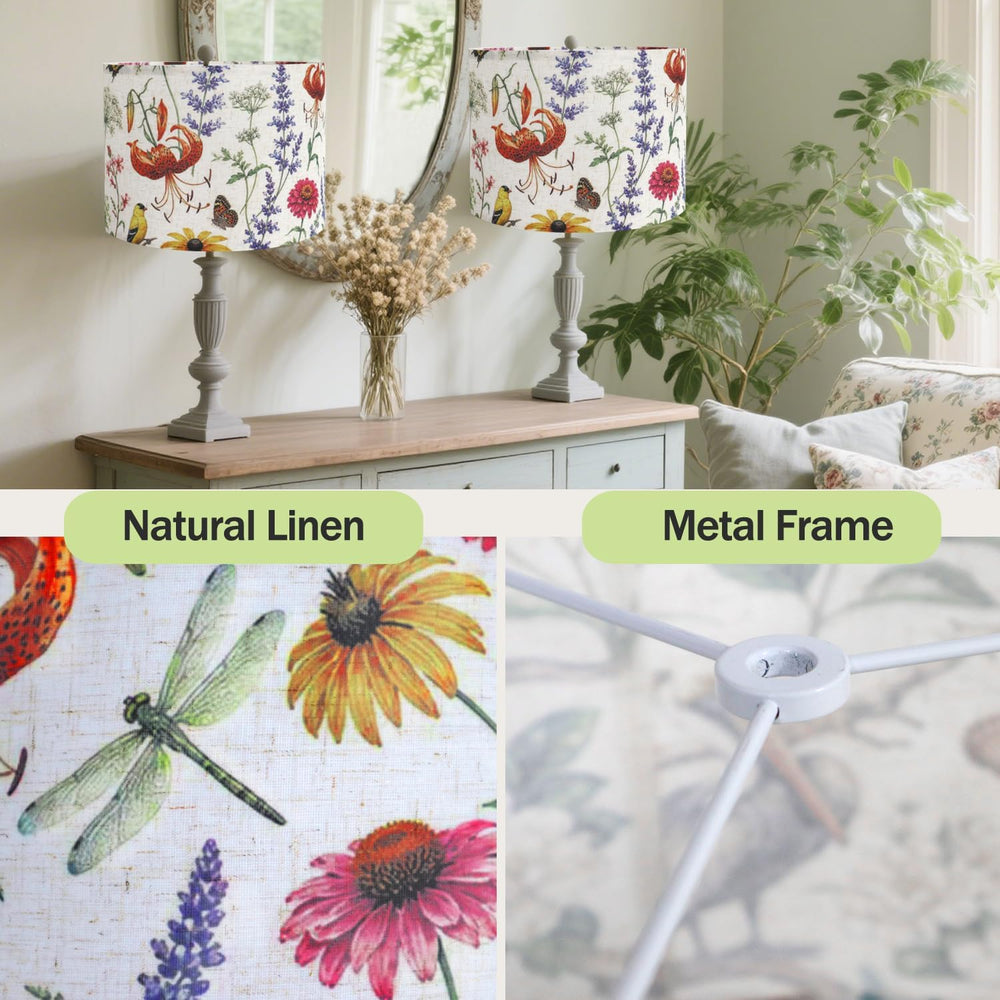 Drum Lampshades, Print Floral Linen Lamp Shade with White Frame