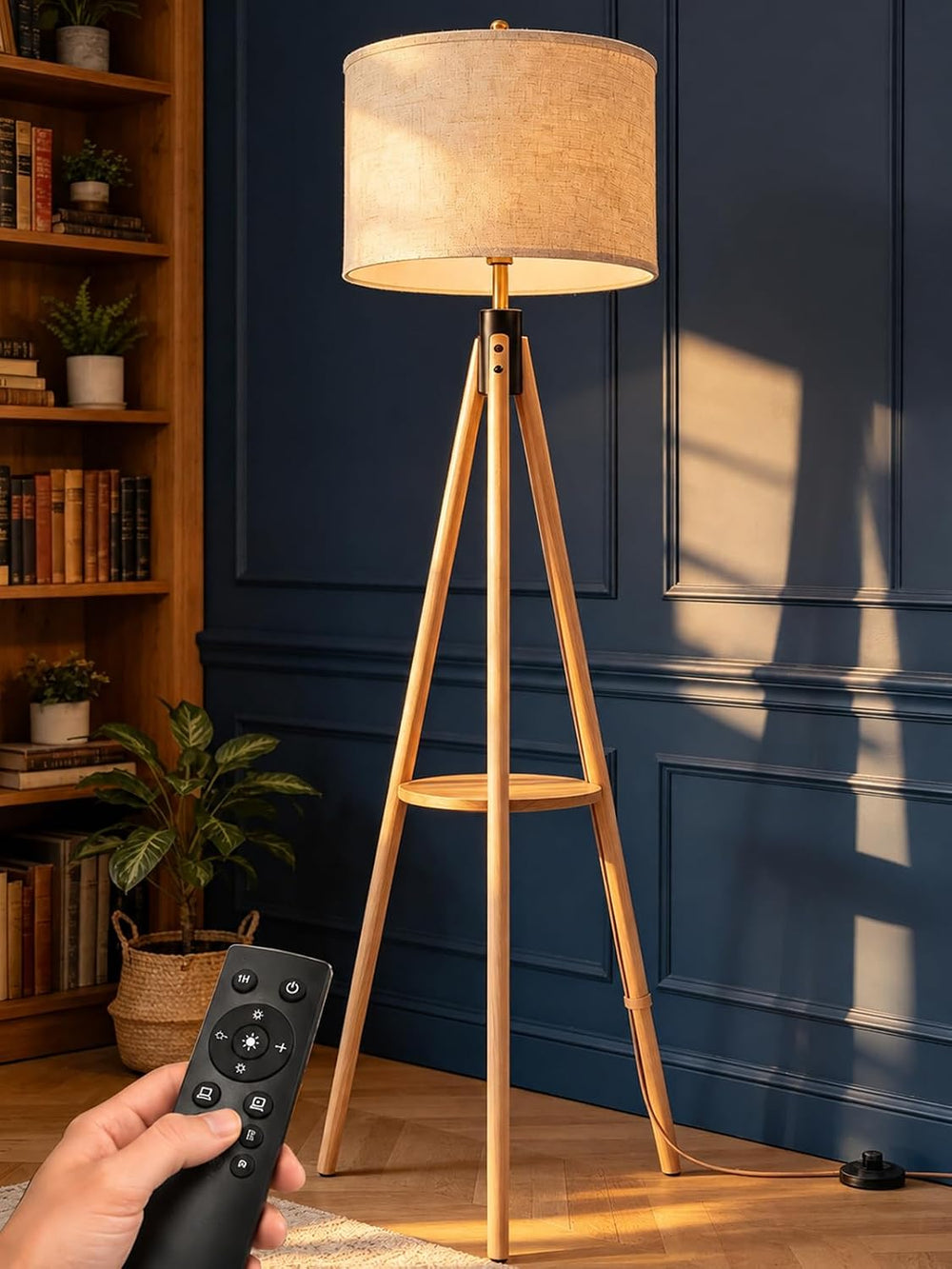 MOFFE Mid Century Solid Wood Tripod Floor Lamp with Tary & Remote Control