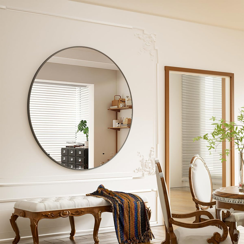 BEAUTYPEAK 42 Inch Round Mirror, Metal Frame Circle Mirror, Black