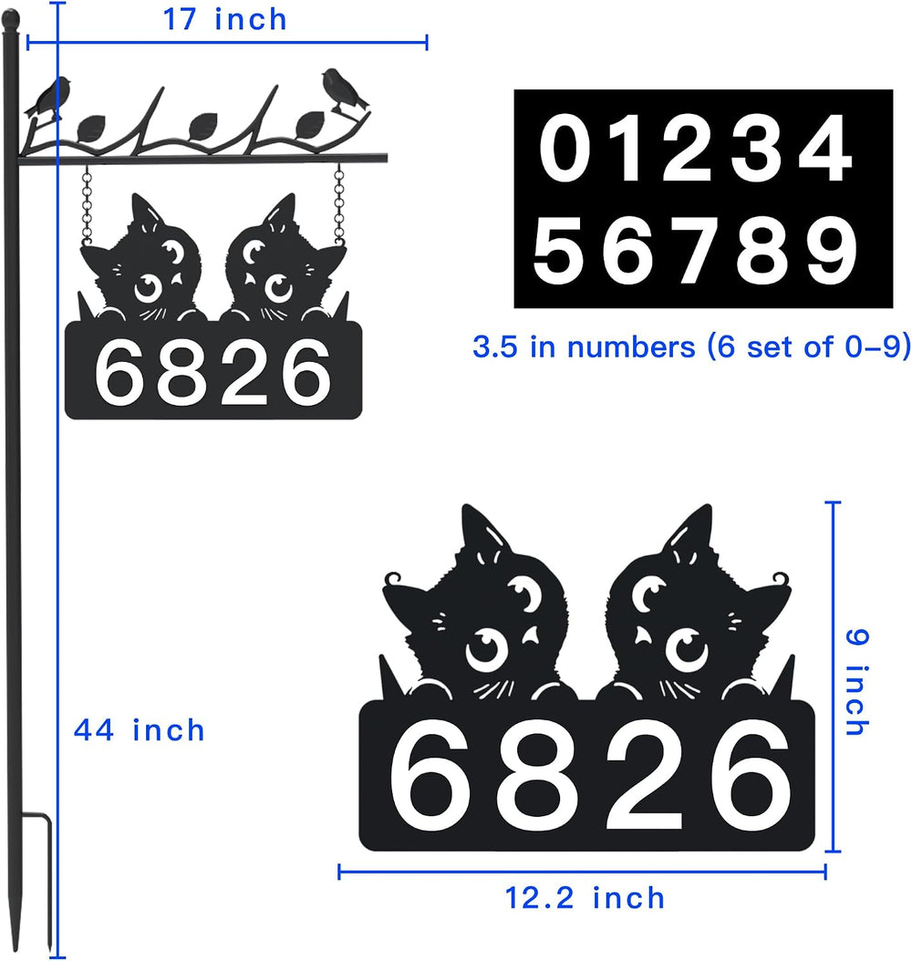 Metal Cat Address Sign, Home Numbers Plaque, Address Post Sign Double-Sided