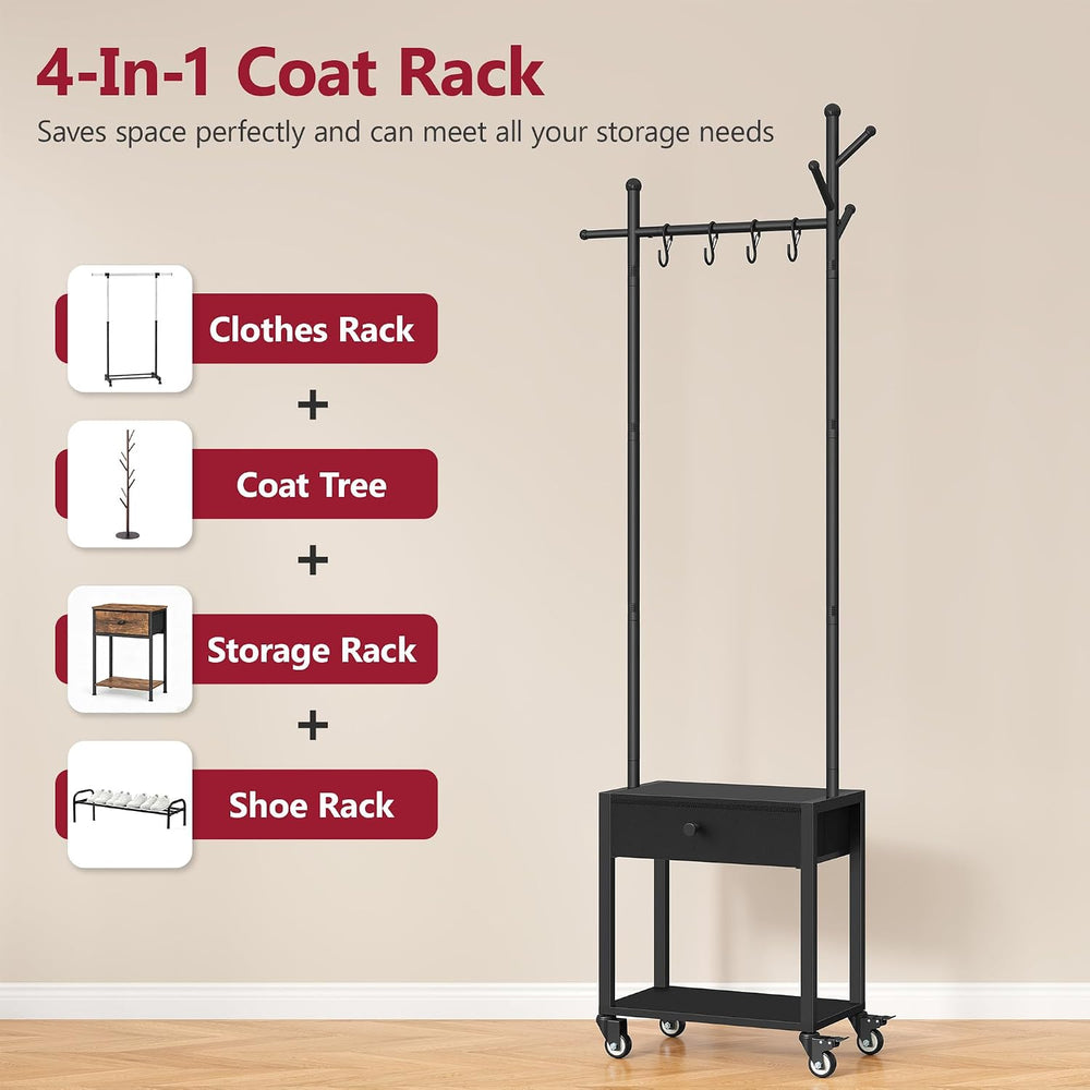 Tajsoon Coat Rack Stand with Lockable Wheel, Wooden Coat Stand with Drawer