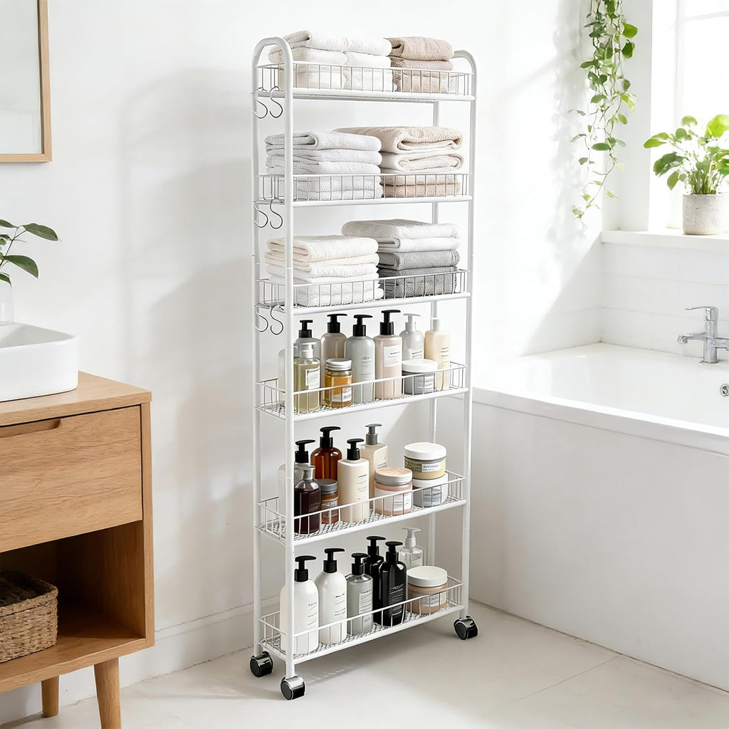 6in 6 Tier Slim Rolling Storage Cart with Wheels, White