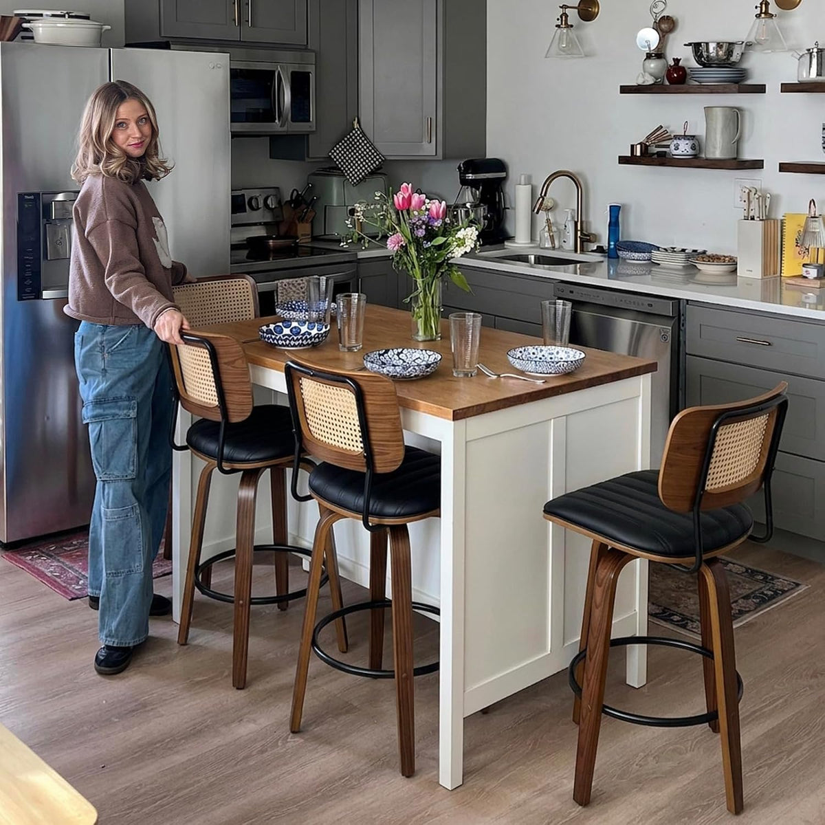 Bar Height Bar Stools, Rattan Swivel Bar Stools with Walnut Craftsmanship