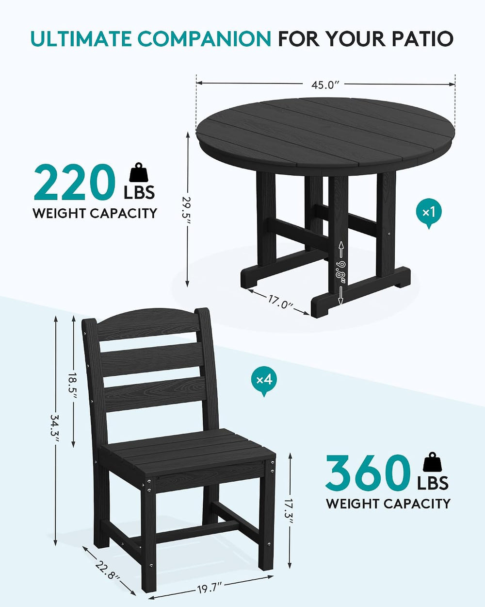 SERWALL 5-Piece Patio Dining Set, 45" Table & 4 Armless Chairs, Black