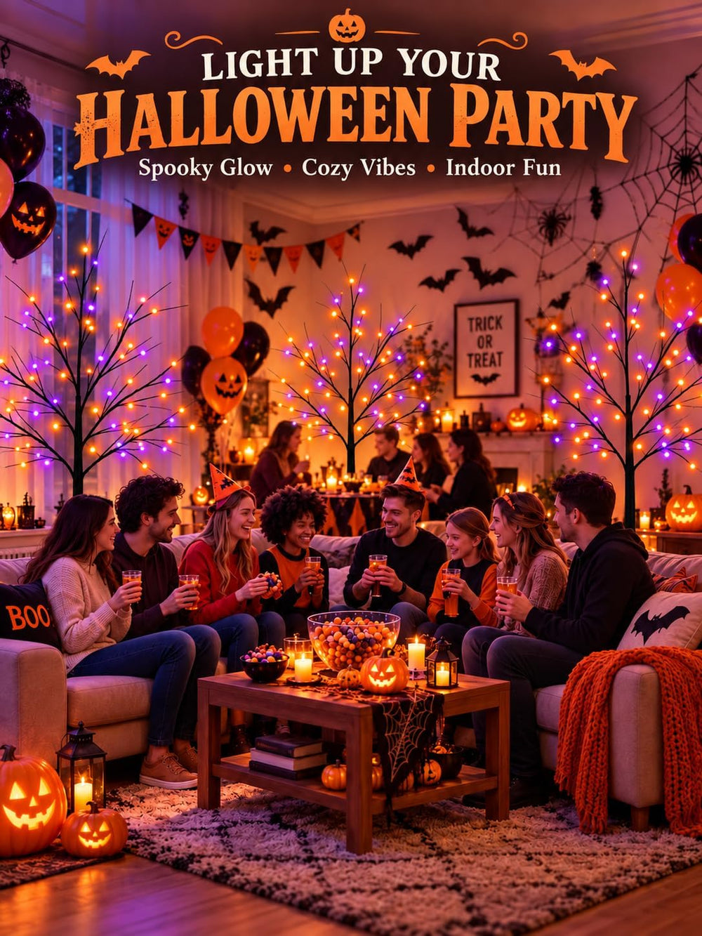 Black Halloween Tree with Purple and Orange Lights, 2Pack 6FT 300LED