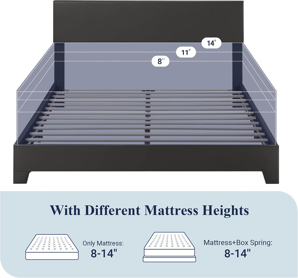 Allewie Queen Size Faux Leather Bed Frame, Adjustable Headboard, Black
