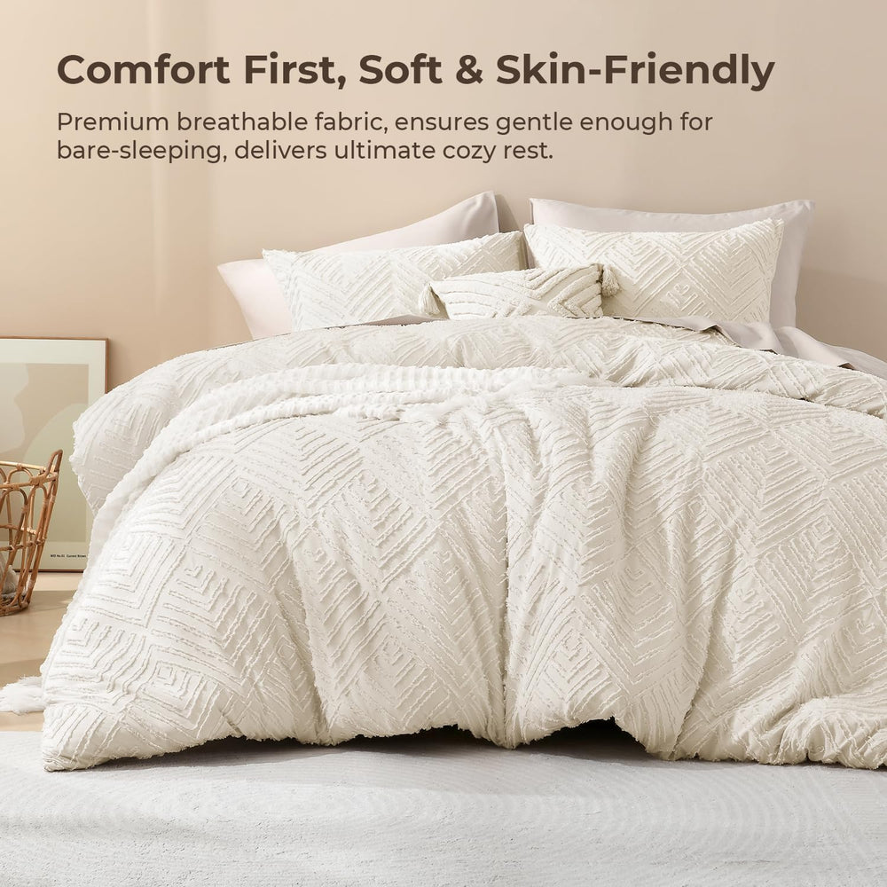 Litanika California King Comforter Set, 3 Pcs Beige Tufted Boho Bedding Set