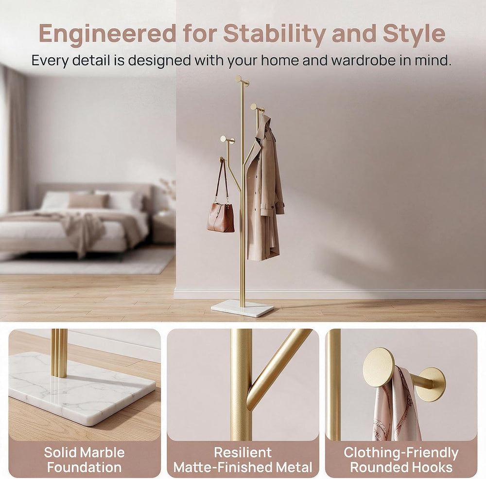 Modern Gold Coat Racks Freestanding with 8 Hooks, Coat Tree for Entryway