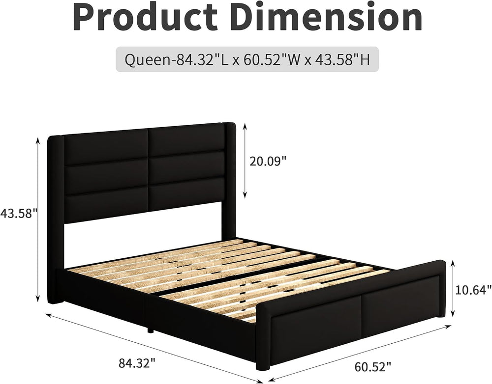 Queen Upholstered Bed Frame with Headboard and LED Lights, Modern Faux Leathe...