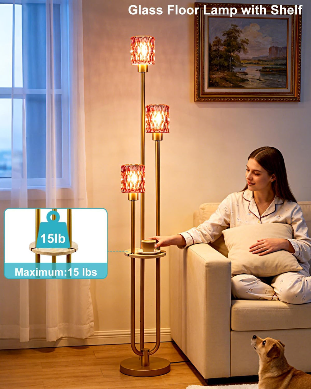 62IN Gold Floor Lamp with Deep Red Glass Shade 3-Lights Mid-Century Modern Fa...