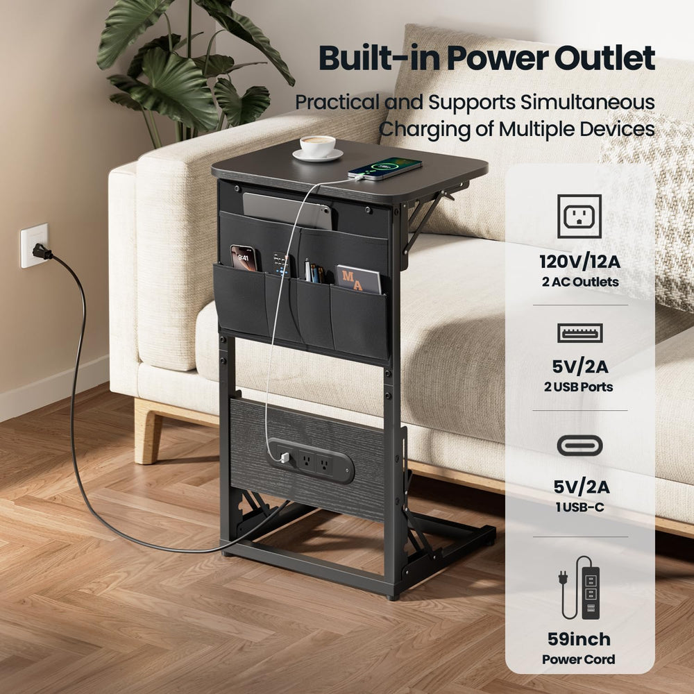 HLDIRECT C Shaped End Table with Charging Station & Storage Bag Black