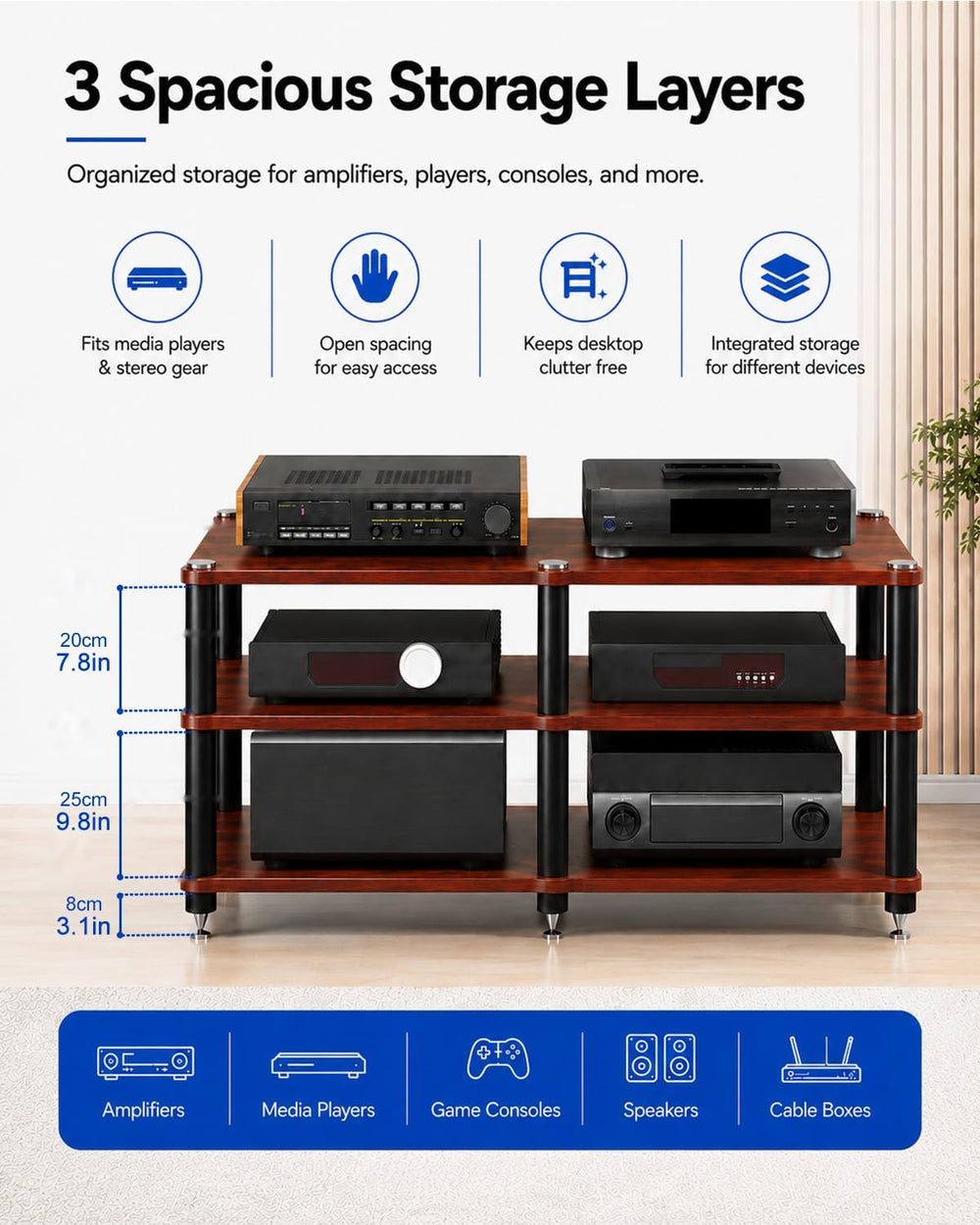 3 Tier Heavy Duty AV Media Stand, Stereo Stands and Racks, Teak