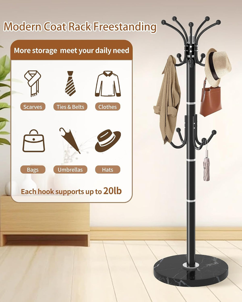 Metal Coat Rack Freestanding with 360°Rotary 14 Hooks Marble Base