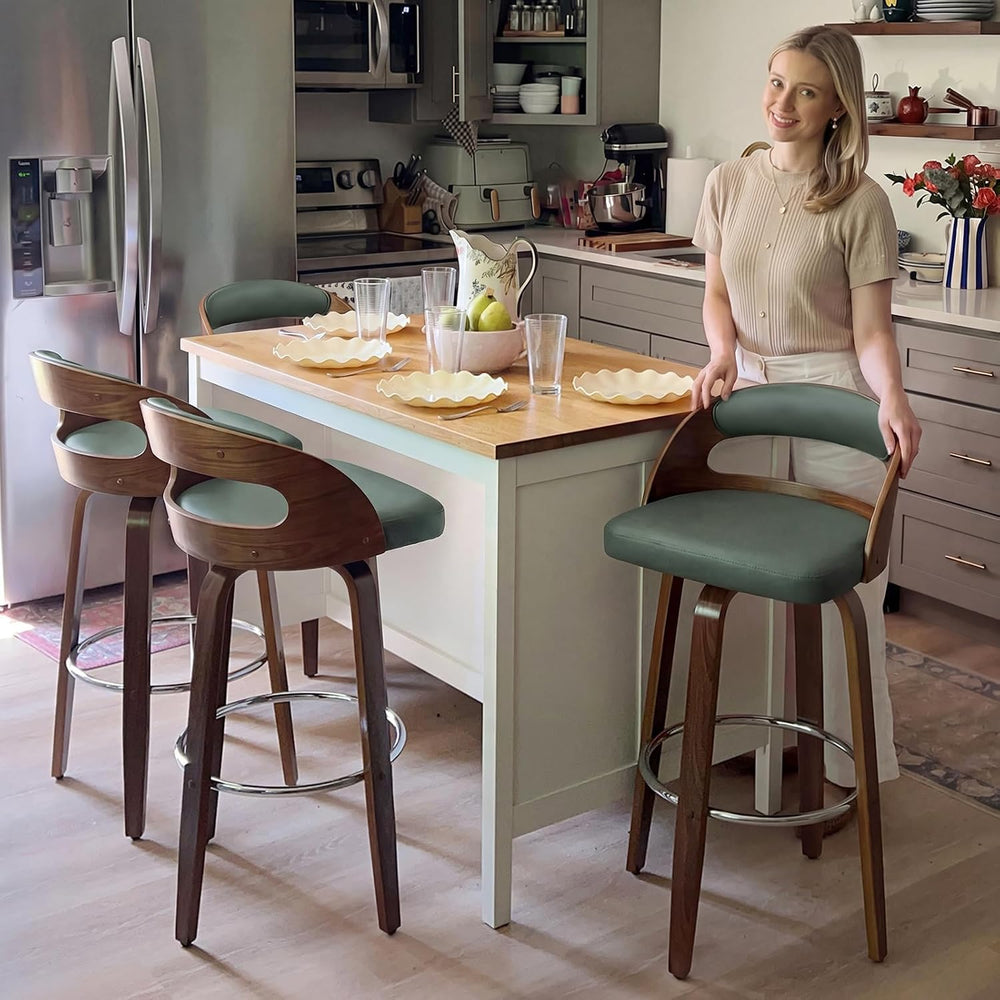 WUPOTO Mid Century Modern Upholstered Bar Stools with Walnut Bentwood Frame