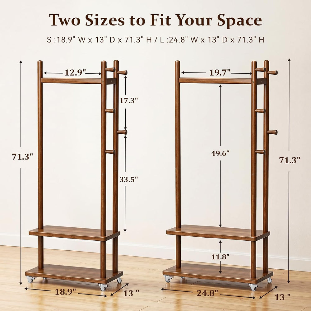 Taitiy Coat Rack Solid Wood Stand Storage 2 Shelves 5 Hooks Entryway