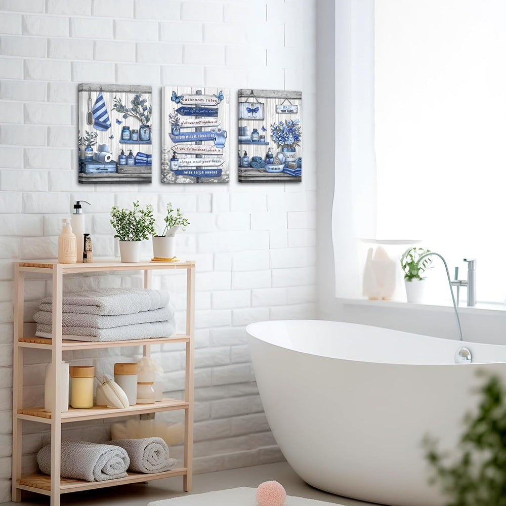 OuElegent Bathroom Wall Art Farmhouse Canvas Navy Blue 12''x16'&#...