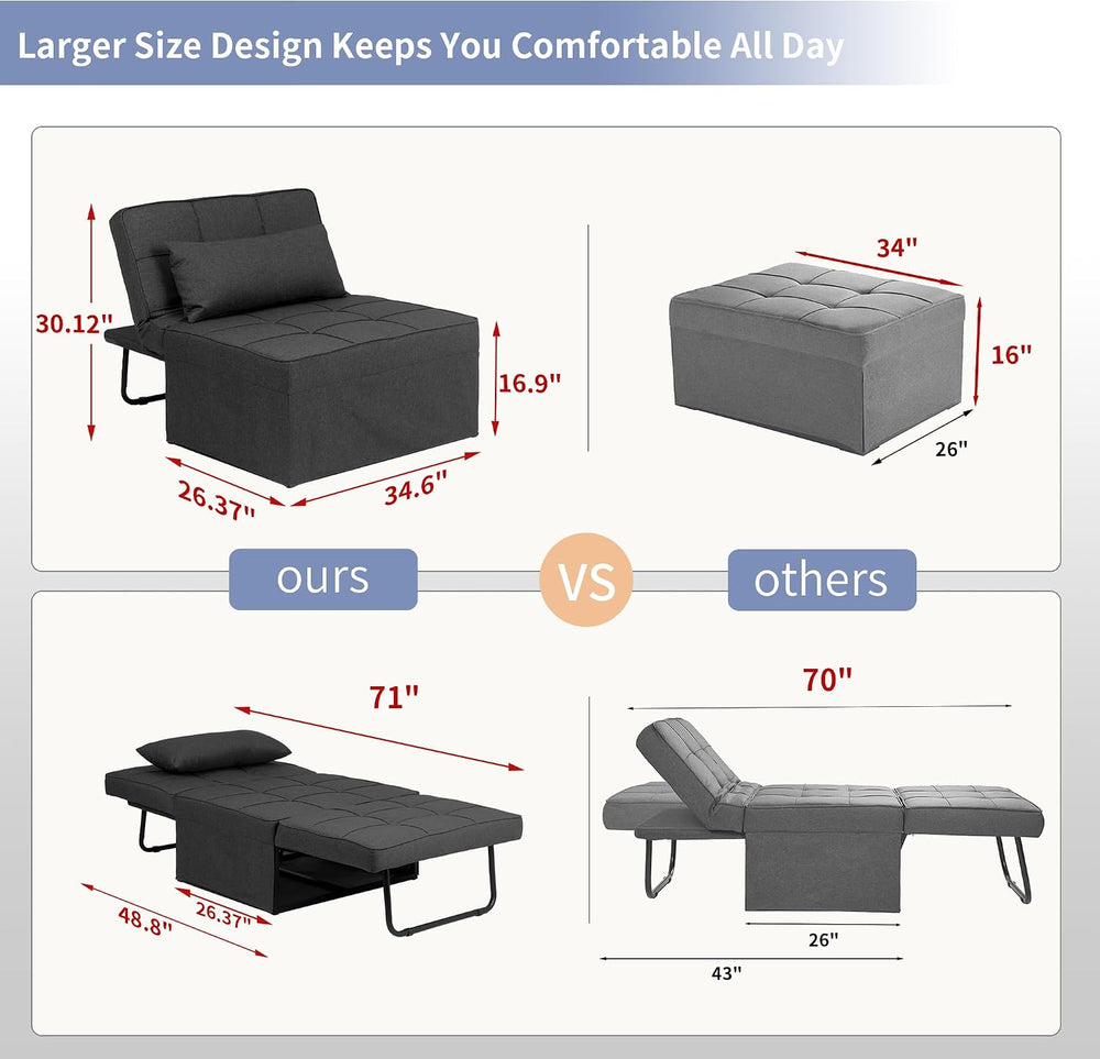 Ottoman Chair Sofa Bed, 4 in 1 Sleeper Ottoman Chair, Black Grey