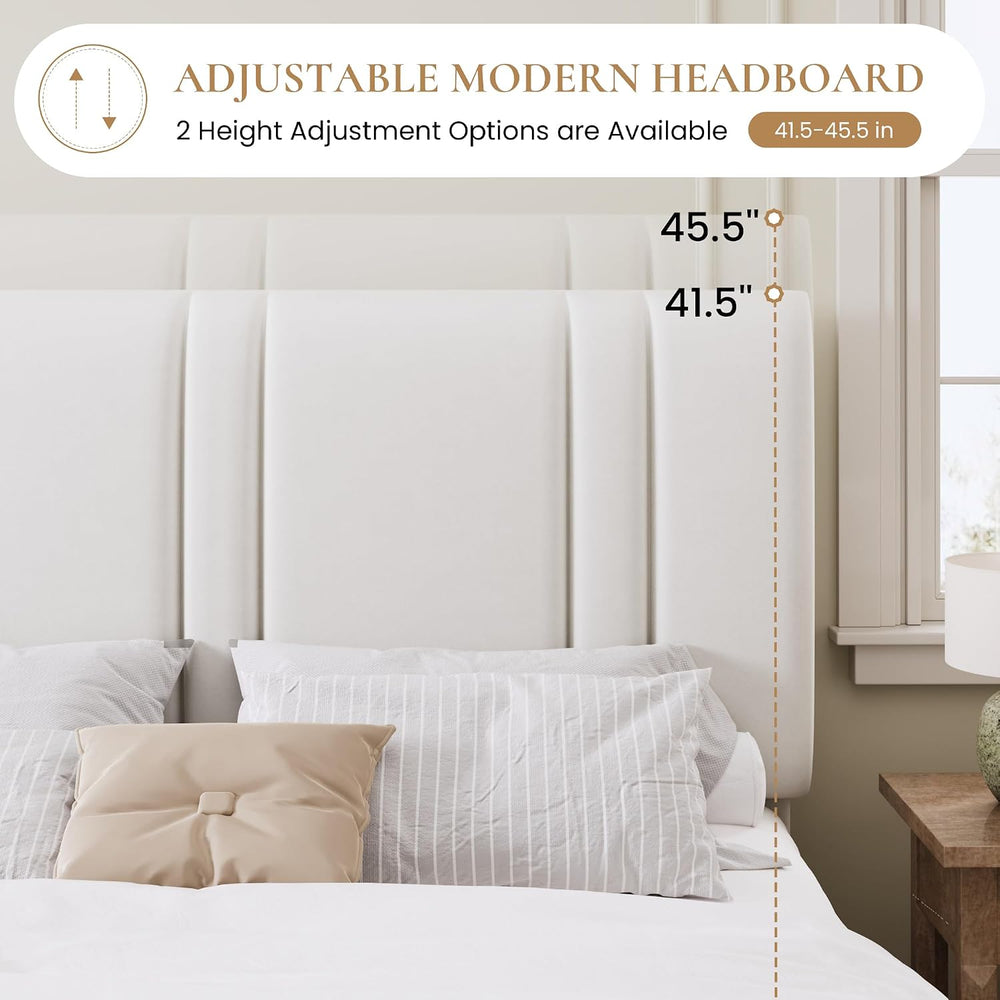 SHA CERLIN Full Size Velvet Bed Frame with Adjustable Headboard, White