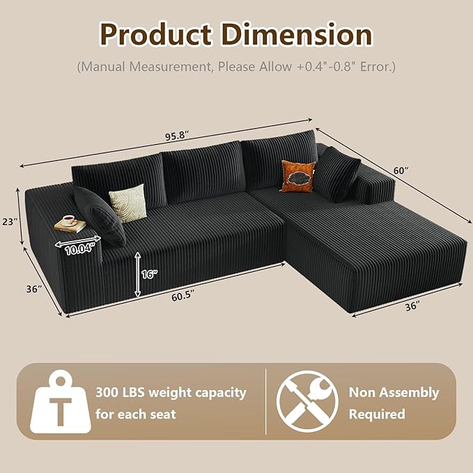 96" Modular Sectional Couch, L Shaped Cloud Sofa with Chaise Lounge, Corduroy Upholstered Couches Memory Foam Deep Seat, No Assembly Required, Ideal for Living Room(Black, Right Facing)